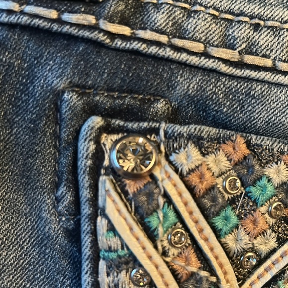 Miss Me Signature Bootcut Jeans Turquoise and Pink Embroidered Pockets with Rine - Picture 14 of 14